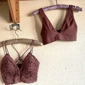 Set of 2 PC VS Lace and Ribbed Bralette Set - Mauve
